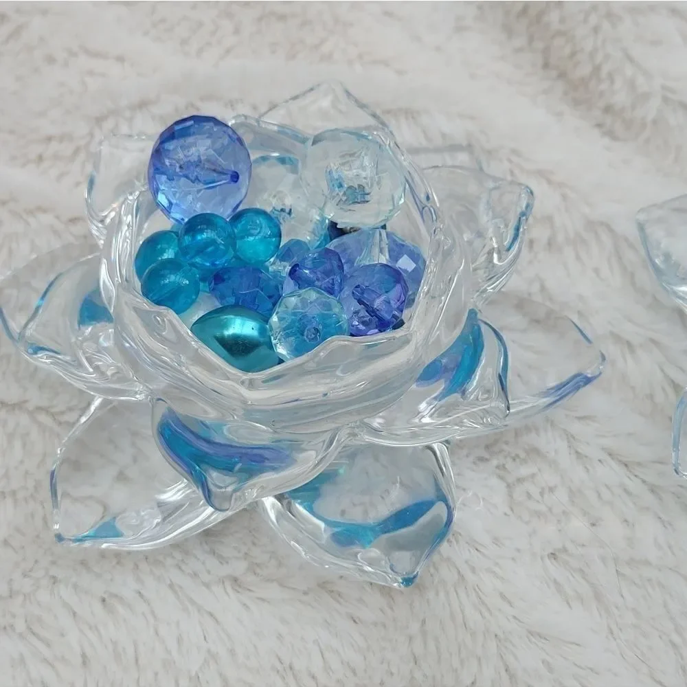 Lotus glass candle holders  with blue beads These are stunning! Pair of tabletop